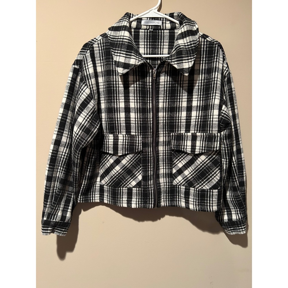 MISS SPARKLING Black White Plaid Zip Up Jacket Women's Cropped Bomber Style